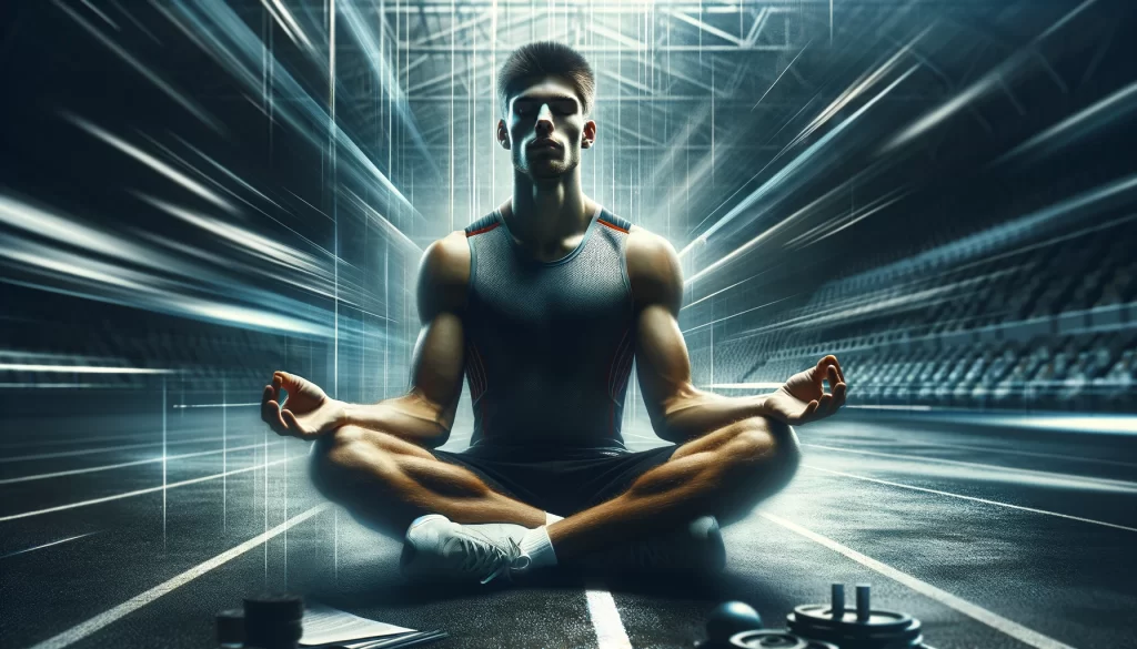 An-athlete-in-a-serene-and-focused-state-meditating-before-a-competition.-The-background-is-blurred-to-emphasize-concentration-with-visual-elements
