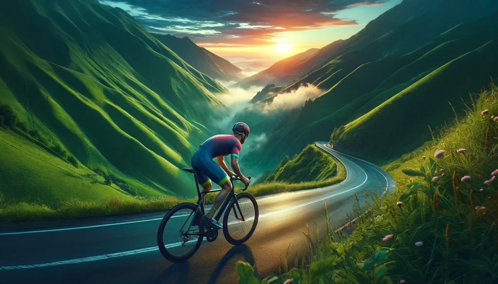 A cyclist training at dawn on a mountain road.webp