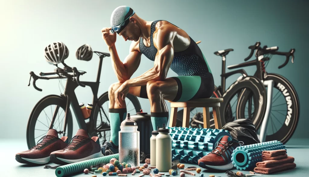 recovery and supplementation for triathletes. Show both male and female triathletes engaged in recove